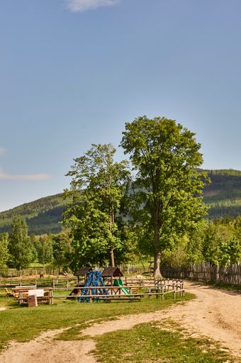 A beautiful view of a Footpath and a playground and trees in the Western City Park in Karpacz, Poland