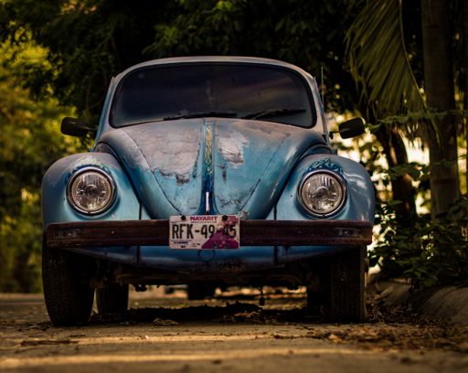 A closeup of vintage blue Volkswagen Beetle in Puerto Vallarta Mexico