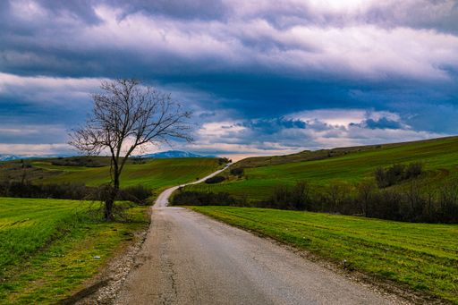 A drone shot of a narrow path surrounded by green fields under the cloudy sky near Skopje, Macedonia