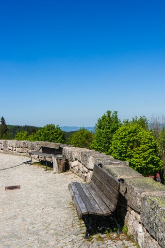 A vertical shot of benches along a stone barrier in a park