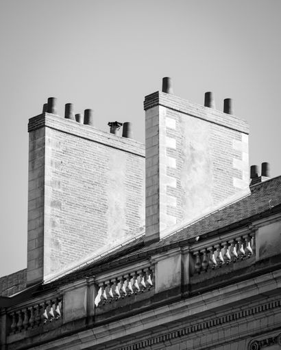A vertical black and white shot of two chimneys of a building located in Nantes