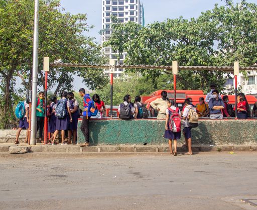 A closeup of kids going to school after the covid lockdown in Mumbai, India