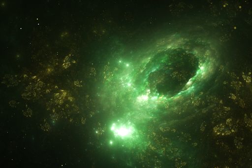A scenic view of a green galaxy among tiny stars as a background