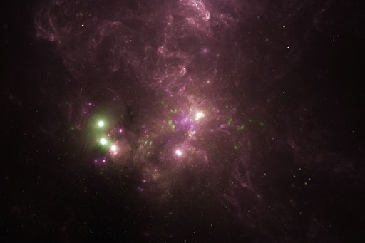 A scenic view of a pink galaxy among tiny stars as a background