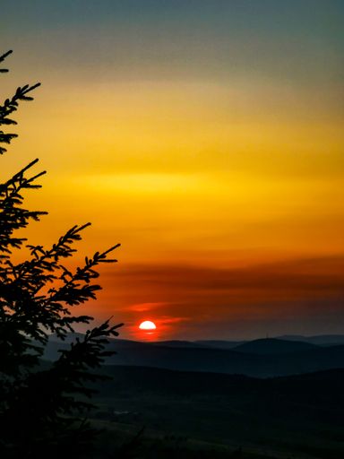 A vertical shot of a landscape under the red sun during the sunset