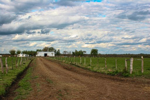 A rural landscape of field with farm buildings under cloudy sky