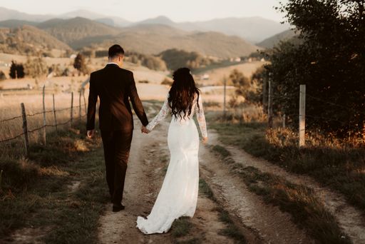 A bride and groom on their wedding day during a photo session