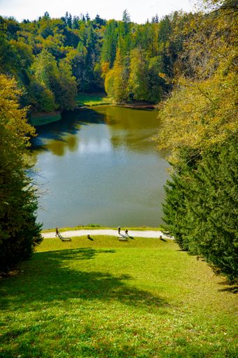 A vertical shot of people walking near the small pond in a park