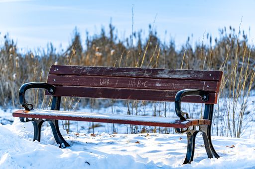 A closeup of a bench in the park covered with snow