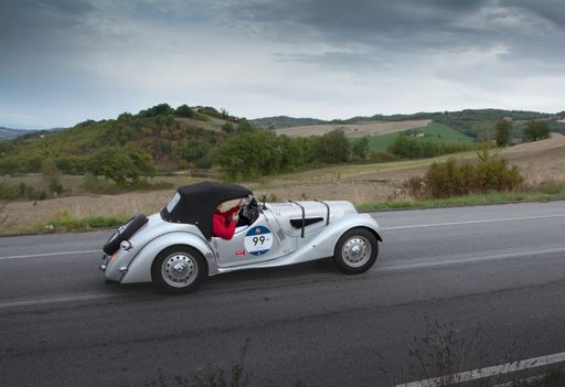 A classic racing car "BMW 328" on the road