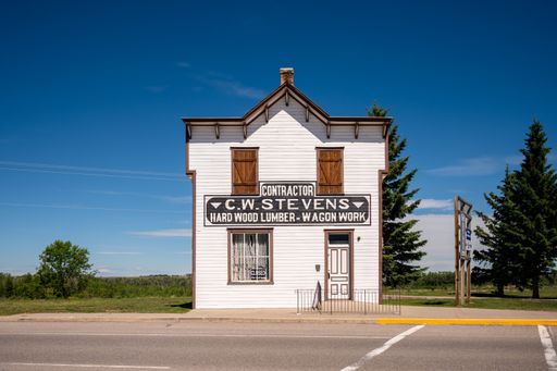 Fort MacLeod, Alberta - June 13, 2021: Historic building's CW Stevens building in the heart of Fort McLeod's beautiful downtown.
