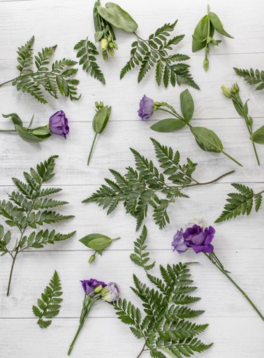 A vertical high angle shot of purple lisianthus flowers and green leaves on a wooden surface
