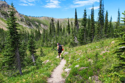 A beautiful shot of a female walking on a narrow pathway in the middle of a grassy hill with trees