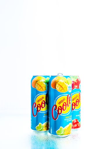 A vertical shot of Ursus Cooler beer cans in Bucharest, Romania, 2021