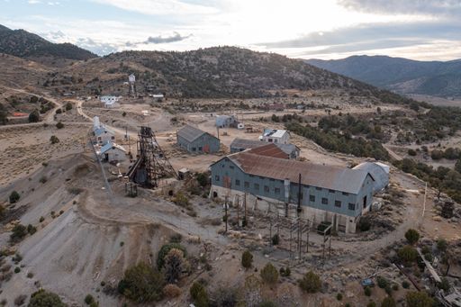 An aerial perspective of the ghost town of Ruby Hill, an historic mining town which was abandoned following a flood.