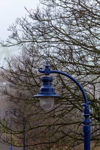 A low angle shot of a blue street lamp against leafless trees in the park