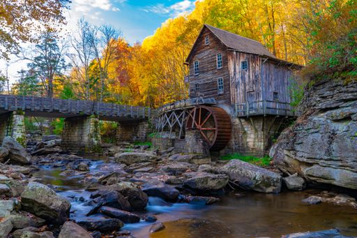 A low angle shot of an old wood mill at Babcock State Park, West Virginia