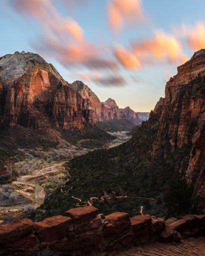 A beautiful scenery of rocky cliffs in Zions National Park at sunset