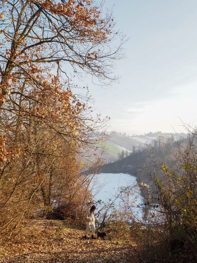 A vertical shot of a young African American female walking her dog on an autumn hill