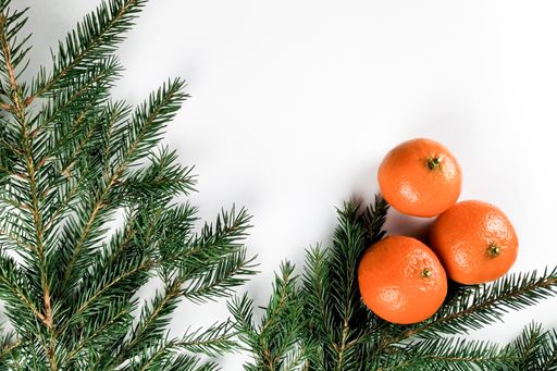 A holiday background with tangerines and pine tree branches
