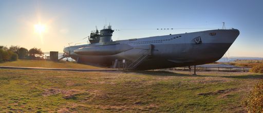 Laboe, Germany 4. May 2020: U995 submarine museum directly on the beach of Laboe in Germany