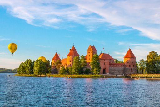 A beautiful view of the ancient Lithuanian castle of Trakai and air balloon