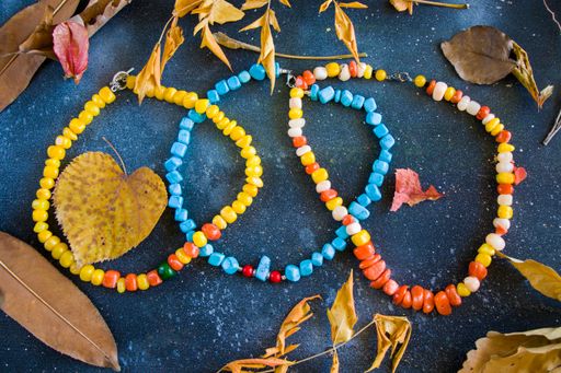 Colorful necklace and bracelet mix, beads and stone necklace, jewelry background