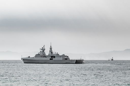 A closeup of South African Navy Frigate warship in False Bay Cape Town South Africa