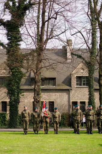 A vertical shot of a group of soldiers having a ceremony on the garden of the Imperial castle