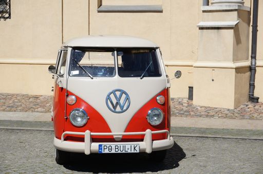 The front of a parked classic Volkswagen Van Samba in the Tumski island in Poland