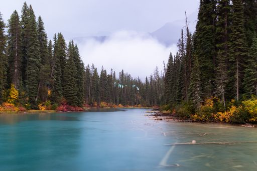 A landscape of the Emerald Lake surrounded by hills in Yoho National Park in Canada