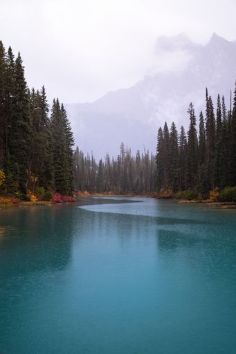 A vertical shot of the Emerald Lake surrounded by hills in Yoho National Park in Canada