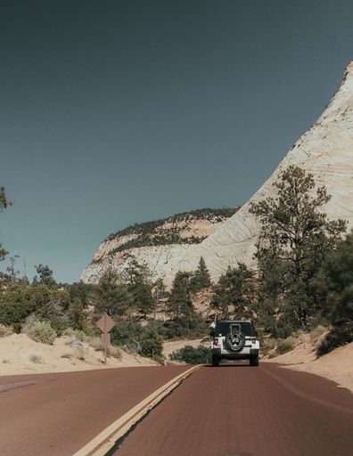A vertical shot of a car riding through the mountains covered in trees