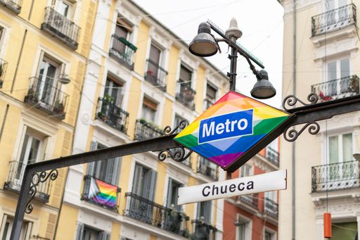 A low angle shot of the Metro entrance sign in LGTBIQ neighborhood in Madrid