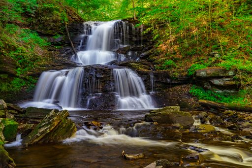 A scenic view of a waterfall with silk effect water at Ricketts Glen State Park