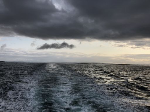A wide angle shot of the ocean under a clouded sky