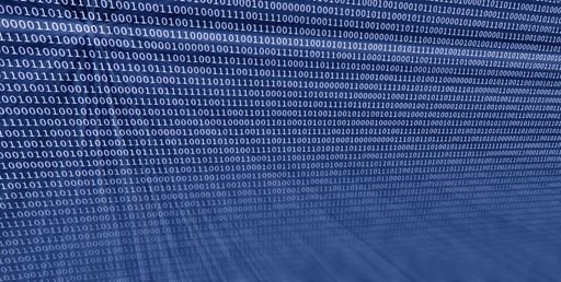 A closeup of blue digital binary data digits and streaming binary code background with light beams