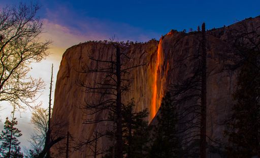 The view of Horsetail Fall, located in Yosemite National Park in California.
