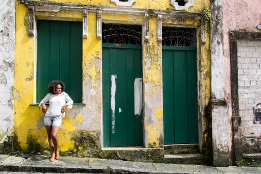 A young Brazilian girl posing on the streets of Pelourinho, Salvador, Bahia, Brazil