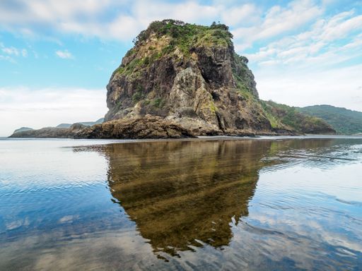 View of Piha Beach, Auckland, New Zealand with Lion Rock with reflections and evening clouds