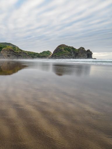 View of Taitomo Island (Camel Rock), Piha, Auckland on cloudy day