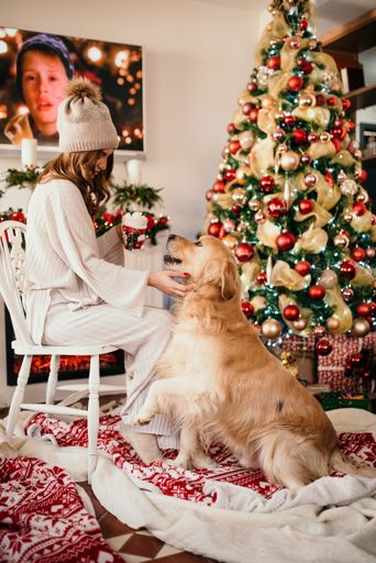 A Caucasian girl in hat playing with dog at home with Christmas tree on the background