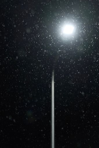 Snow falling beside a street light, 1am early on Christmas morning.