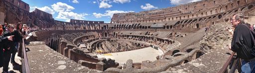 A panoramic shot of the historic Colosseum building in Rome, Italy