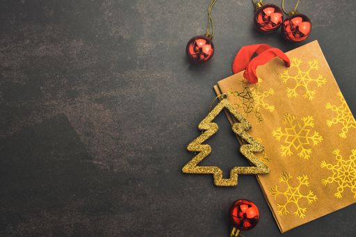 A top view of a Christmas greeting card with space for text