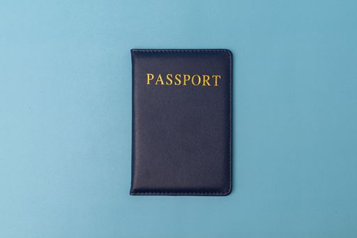 A passport cover on a blue background with copy space.