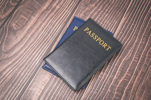 A passport cover on a wooden surface.