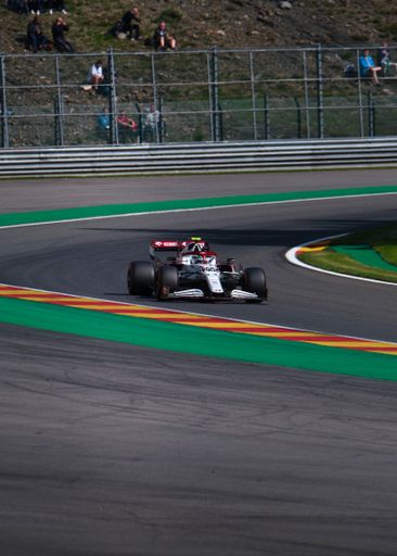 A vertical shot of the Formula 1 car at Circuit de Spa-Francorchamps. Stavelot, Belgium.