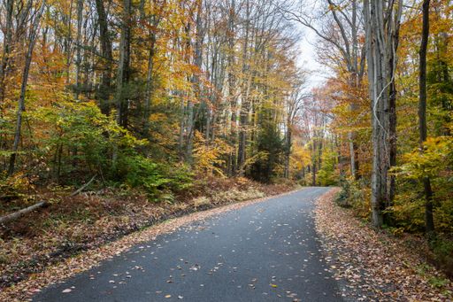 A horizontal shot of beautiful country roads surrounded by colorful nature in autumn
