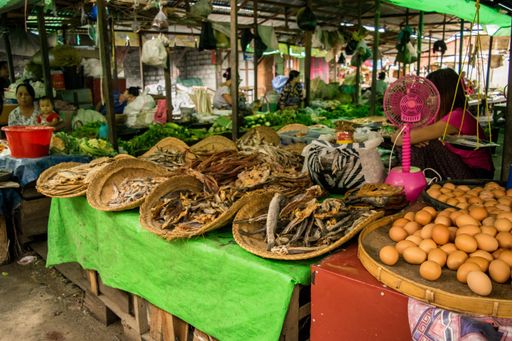 A stall of fresh eggs and dried or salted food vendor, in Nyaung shwe market, near Inle Lake, Myanmar, Burma, displaying a choice of traditional food.